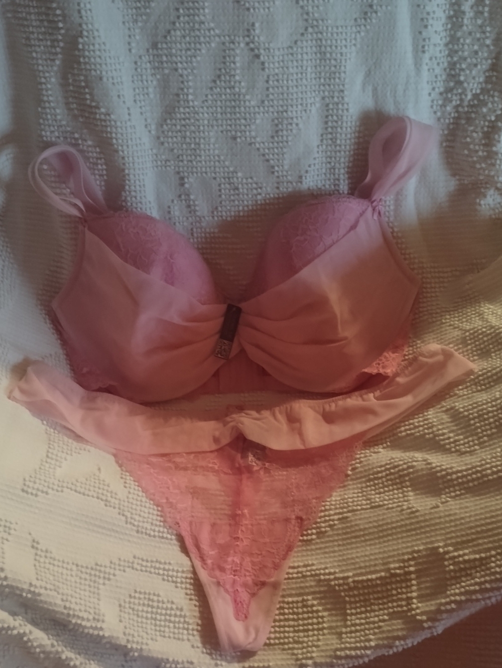 Adore Me Pink Lace & Chiffon Push-Up Bra and Thong Set
